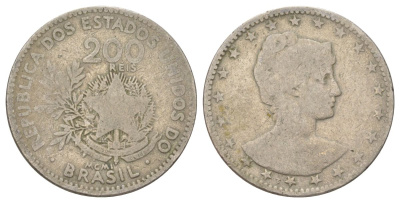 Бразилия 200 реалов 1901 голова свободы вправо KM 504 медно-никель 4628-1034