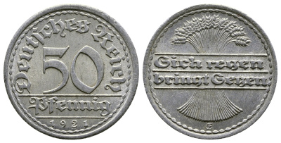 ГЕРМАНИЯ 50 ПФЕННИГОВ 1921 FC KM 27, J. 301 алюминий 4380-853