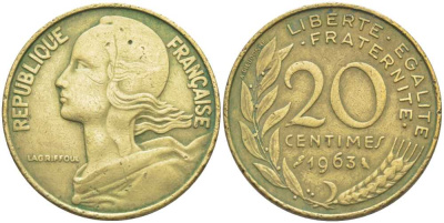 ФРАНЦИЯ 20 САНТИМОВ 1963 ТИП MARIANNE KM 930, LE FRANC 156.3 медь алюминий никель 175-817