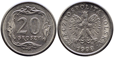 Польша 20 грошей 1998 MW KM 280, Parchimowicz 705f медно-никель 4381-961