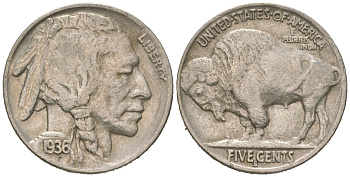 США 5 центов 1936 S, индеец, бизон KM 134 медно-никель 4614-1255