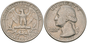 США 25 центов (квотер) 1967 Вашингтон KM 164a медь плакированная медно-никелем 4601-1127