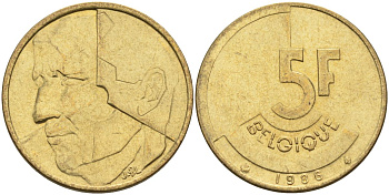 Бельгия 5 франков 1986 Belgique KM 163 алюминиевая бронза 4126-154