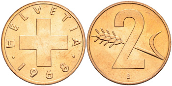 Швейцария 2 раппена 1968 В KM 47 бронза UNC 4575-1033