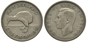 Новая Зеландия 1 флорин 1942 Георг VI (1936-1952), птичка киви KM 10.1 серебро 272-1533