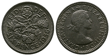 Великобритания 6 пенсов 1956 Елизавета II (1952-2022) KM 903, Spink 4149 медно-никель 4381-655