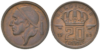Бельгия 20 сантимов 1962 Belgique, Бодуэн I (1951-1993), самый редкий год тиража - 410.000 экземпляров KM 146 бронза aUNC 4044-921