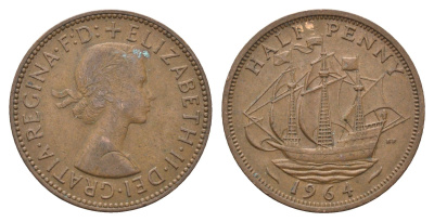 Великобритания 1/2 пенни 1964 Елизавета II (1952-2022) KM 896, Spink 4158 бронза 4662-1226