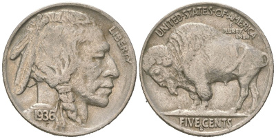 США 5 центов 1936 S, индеец, бизон KM 134 медно-никель 4614-1255
