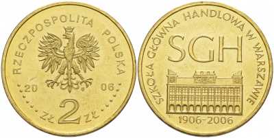 Польша 2 злотых 2006 MW, 100 лет Варшавской школы экономики KM 609 латунь UNC 69-1111