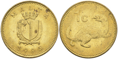 Мальта 1 цент 1995 ласка, горностай KM 93 никель латунь 4585-1241