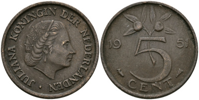 НИДЕРЛАНДЫ 5 ЦЕНТОВ 1951 ЮЛИАНА KM 181 бронза 95-245