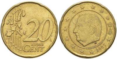 БЕЛЬГИЯ 20 ЕВРОЦЕНТОВ 2005 АЛЬБЕРТ II KM 228 латунь 4543-426