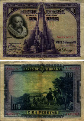 Испания 100 песет 1928 Мигель де Сервантес Сааведра, памятник Сервантесу, картина Дон Кихот Pick 76 а бумага 7487-3-1