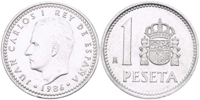 Испания 1 песета 1986 M, Хуан Карлос I (1975-2014) KM 821 алюминий 213-143