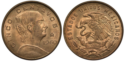 Мексика 5 сентаво 1960 Жозефа Ортис де Домингес KM 426 латунь XF- 3334-543