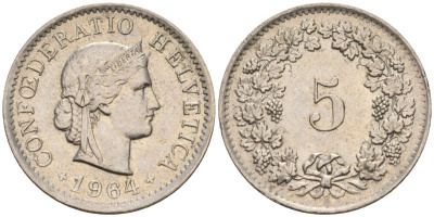 Швейцария 5 раппенов 1964 В KM 26 медно-никель 4594-619