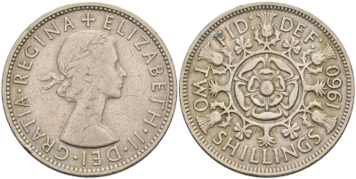 Великобритания 2 шиллинга (флорин) 1960 Елизавета II (1952-2022) KM 906, Spink 4146 медно-никель    4117-424