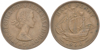 Великобритания 1/2 пенни 1960 Елизавета II (1952-2022) KM 896, Spink 4158 бронза 212-1225