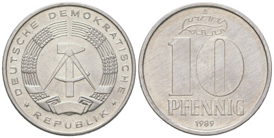 ГДР 10 пфеннигов 1989 A KM 10 алюминий aUNC 201-1122
