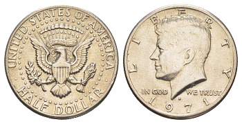 США 1/2 доллара (50 центов) 1971 D, Джон Кеннеди KM 202b медь плакированная медно-никелем aUNC 82-834