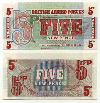 АНГЛИЯ 5 ПЕНСОВ 1972 ДЛЯ ВООРУЖЕННЫХ СИЛ, 6 СЕРИЯ, BRADBURY WILKJSON @ Co Pick М44 бумага UNC (ПРЕСС) 8589-46-2-2