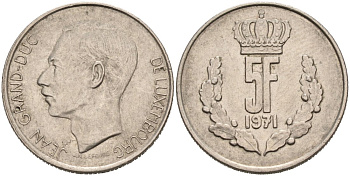 Люксембург 5 франков 1971 Великий герцог Жан (1964-2000) KM 56 медно-никель 4571-443