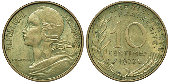 ФРАНЦИЯ 10 САНТИМОВ 1973 ТИП MARIANNE KM 929 медь алюминий никель 72-1345