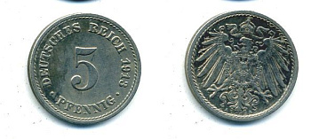 ГЕРМАНИЯ 5 ПФЕННИГОВ 1913 A, KM 11, J. 12 медно-никель 62-2437