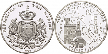 Сан-Марино 10000 лир 1996 Европарламент и карта KM 342 серебро PROOF 1077-9-43