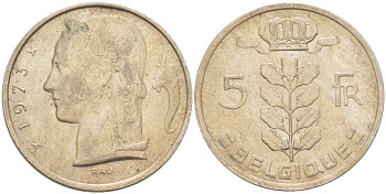 БЕЛЬГИЯ 5 ФРАНКОВ 1973 BELGIQUE, БОДУЭН I (1951-1993) KM 134.1 медно-никель 202-1251