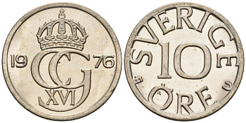 Швеция 10 эре 1976 Карл XVI Густав (1973- ), в лаке KM 850 медно-никель 4585-416