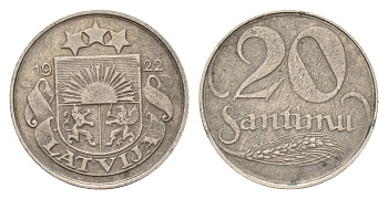 Латвия 20 сантимов 1922 год-тип KM 5 никель 4685-1141