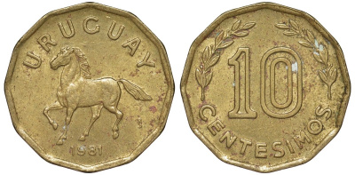Уругвай 10 сентесимо 1981 KM 66 алюминиевая бронза 4169-463