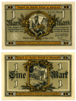 ЭРБАХ 1 МАРКА 1918 НОЯБРЬ 1918 - 1 АПРЕЛЯ 1919, НОТГЕЛЬД, ЗЕМЛЯ ГЕССЕН Geiger 135.01 бумага 2193-9-1-2