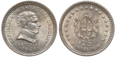Уругвай 25 сентесимо 1960 KM 40 медно-никель 4532-137