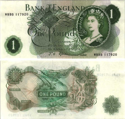 АНГЛИЯ 1 ФУНТ 1966-1970 ПОДПИСЬ J.S. FLORDE Pick 374e бумага aUNC 7218-66-1