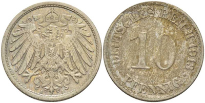 ГЕРМАНИЯ 10 ПФЕННИГОВ 1913 A KM 12, J. 13, Weege 8 медно-никель 212-232