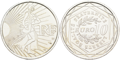 Франция 10 евро 2009 Р, сеятель KM 1580 серебро  UNC  1522-1031