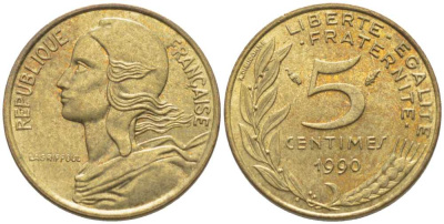ФРАНЦИЯ 5 САНТИМОВ 1990 ТИП MARIANNE KM 933, LE FRANC 125.26 медь алюминий никель 116-456
