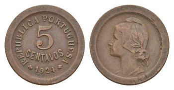 Португалия 5 сентаво 1924 KM 572 бронза 4630-1149