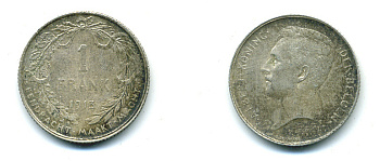 Бельгия 1 франк 1913 Альберт I (1909-1934), Der Belgen KM 73.1 серебро 86-922