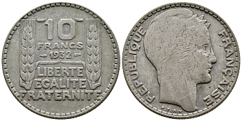Франция 10 франков 1932 Пьер Тюрен KM 878, Le Franc 360.5 серебро 36-121