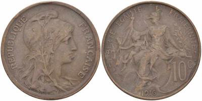 ФРАНЦИЯ 10 САНТИМОВ 1916 ТИП ДАНИЭЛЬ ДЮПЮИ, INCLUS KM 843, LA FRANC 136.28 бронза 109-414