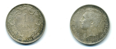 Бельгия 1 франк 1913 Альберт I (1909-1934), Der Belgen KM 73.1 серебро 86-922