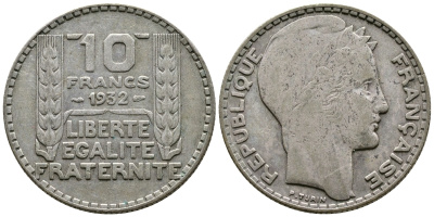 Франция 10 франков 1932 Пьер Тюрен KM 878, Le Franc 360.5 серебро 36-121