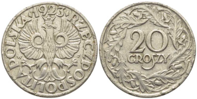 ПОЛЬША 20 ГРОШЕЙ 1923 KM 12 никель 112-623