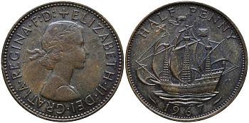 Великобритания 1/2 пенни 1967 Елизавета II (1952-2022) KM 896, Spink 4158 бронза 4171-645