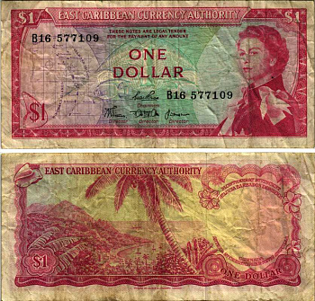 Восточно-Карибские штаты 1 доллар 1965 Британская администрация, серия В 16, подпись 4 Pick 13с бумага 7484-56-3