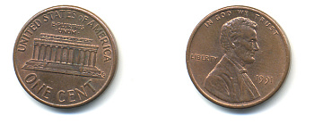 США 1 ЦЕНТ 1991 ЛИНКОЛЬН KM 201b цинк плакированный медью UNC 179-439